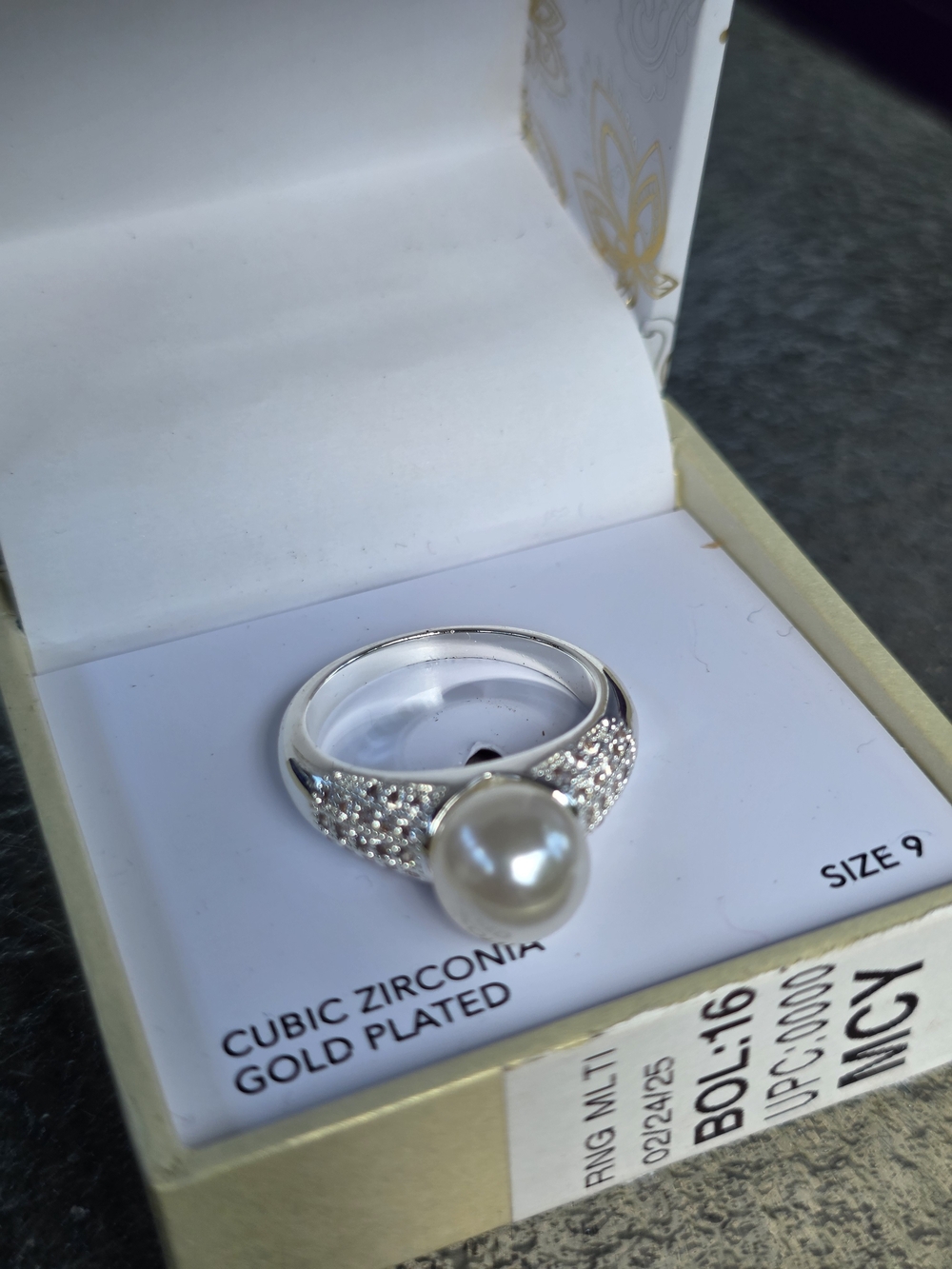 Charter Club Silver-Tone Ring with White Pearl and CZ Accents Size 9 J6